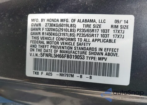 2015 Honda Odyssey Ex-L from USA, damaged, VIN 5FNRL5H66FB019053